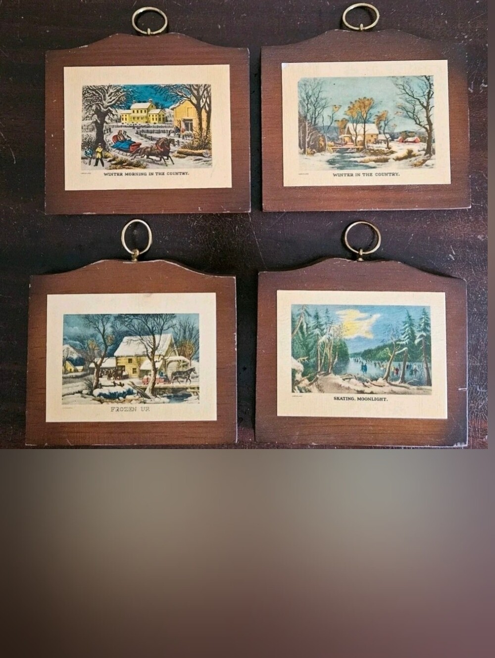 VTG Manchester Wood Currier Ives Plaques Set Of 4 Winter Louise Thompson Vermont